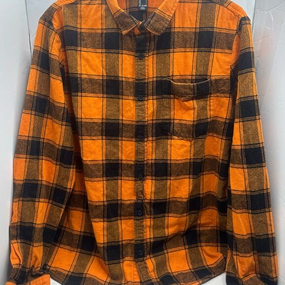 HALLOWEEN READY Forever 21 BLACK ORANGE CHECKERED BUTTON DOWN UNISEX LARGE - Picture 3 of 8
